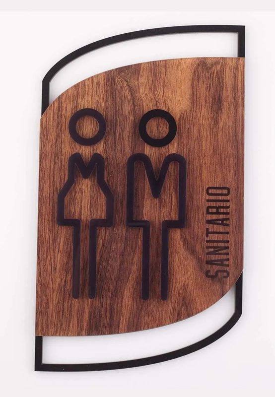 Letrero sanitarios mixto textura madera acrílico transparente