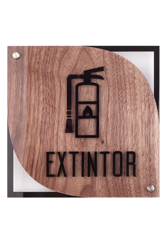 Letrero acrílico extintor textura madera y acrílico negro